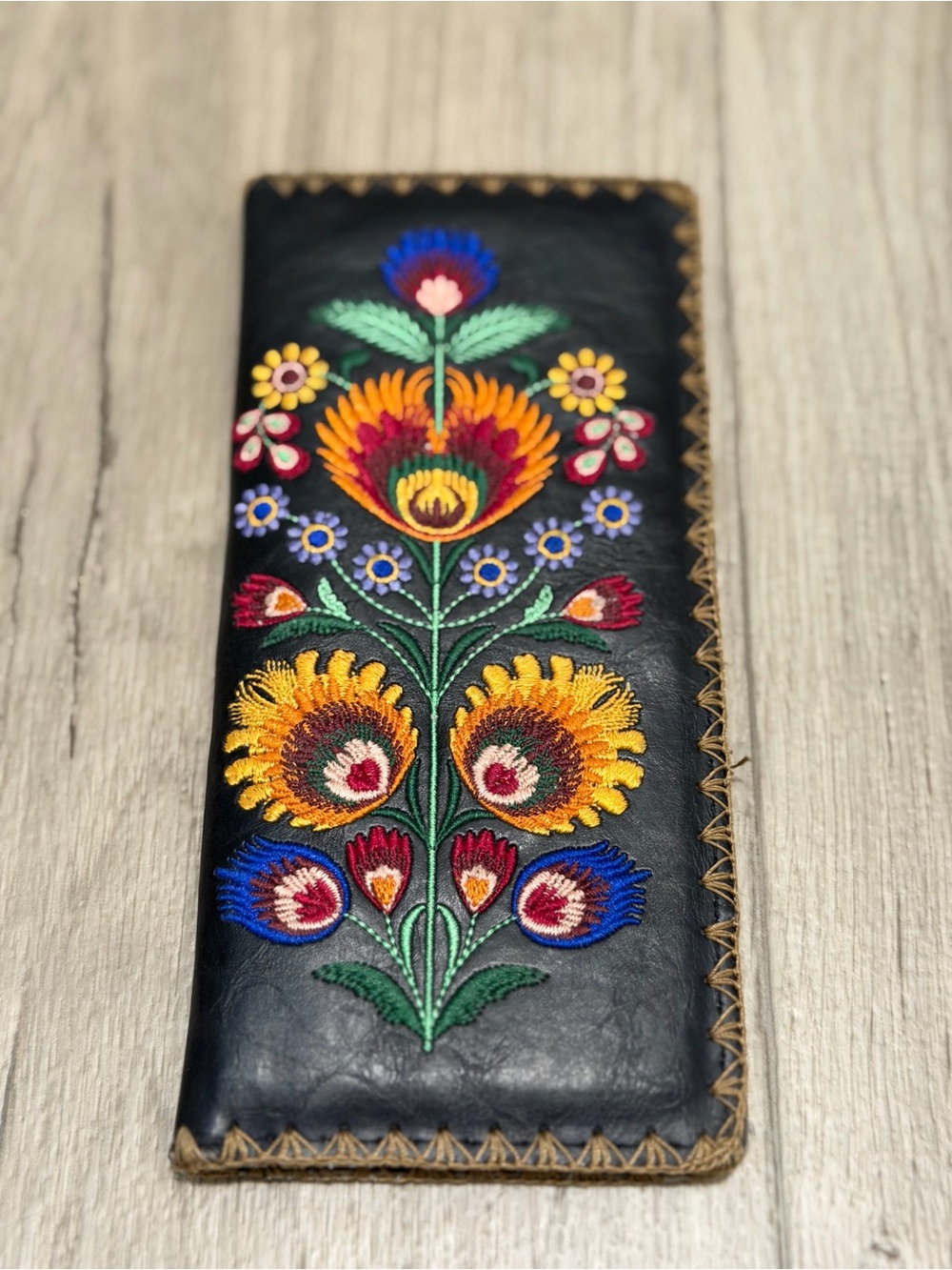 Floral Embroidered Black Leather Wallet